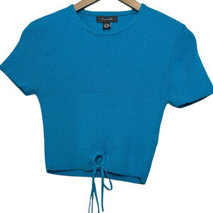 NWT Primark Blue Cropped Shirt Drawstring Tie Womens Size Small